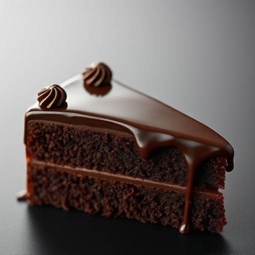 Uma fatia de bolo de chocolate decadente com calda.